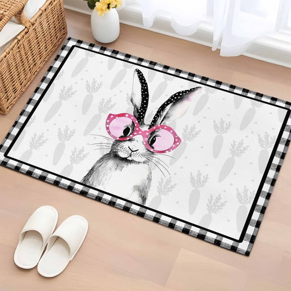 Entryway Rug 2'x3', Easter Small Rug for Kitchen Bathroom Door Mat Indoor Entrance, Funny Rabbit Carrots Black White Buffalo Plaid Non-Slip Area Rugs Floor Mats Carpet Front Door Rugs