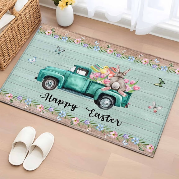 Entryway Rug 2'x3', Easter Small Rug for Kitchen Bathroom Door Mat Indoor Entrance, Green Truck Rabbit Duck Butterfly Floral Wooden Non-Slip Area Rugs Floor Mats Carpet Front Door Rugs