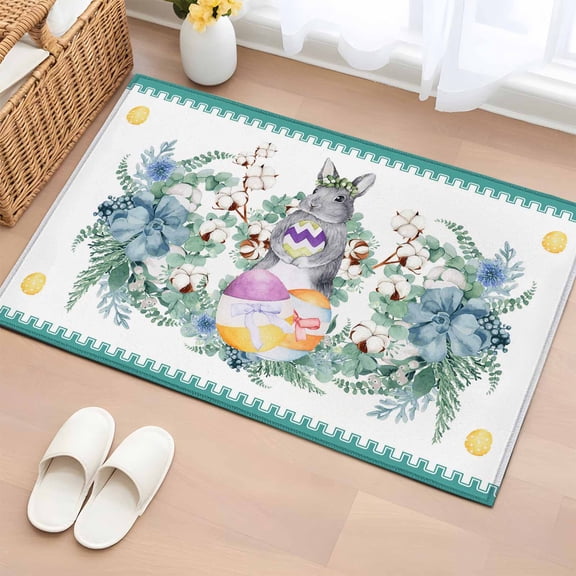 Entryway Rug 2'x3', Easter Small Rug for Kitchen Bathroom Door Mat Indoor Entrance, Grey Cute Bunny Flowers Eggs Eucalyptus Leaves Non-Slip Area Rugs Floor Mats Carpet Front Door Rugs