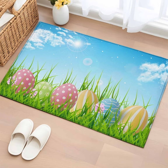 Entryway Rug 2'x3', Easter Small Rug for Kitchen Bathroom Door Mat Indoor Entrance, Spring Country Colorful Eggs Grass Green Sky Blue Non-Slip Area Rugs Floor Mats Carpet Front Door Rugs