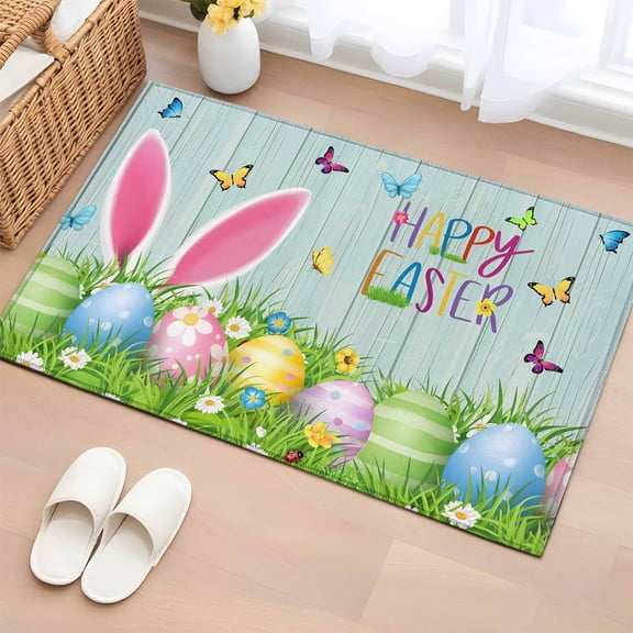 Entryway Rug 2'x3', Easter Small Rug for Kitchen Bathroom Door Mat Indoor Entrance, Spring Easter Eggs Bunny Butterflies Wooden Grain Non-Slip Area Rugs Floor Mats Carpet Front Door Rugs