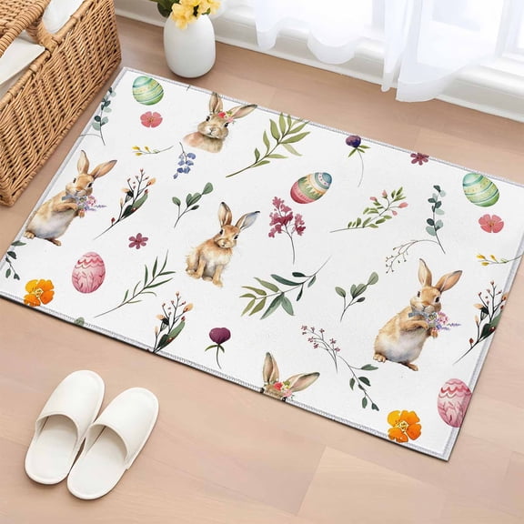 Entryway Rug 2'x3', Easter Small Rug for Kitchen Bathroom Door Mat Indoor Entrance, Spring Farmhouse Rabbits Eggs Leaves Flowers Non-Slip Area Rugs Floor Mats Carpet Front Door Rugs