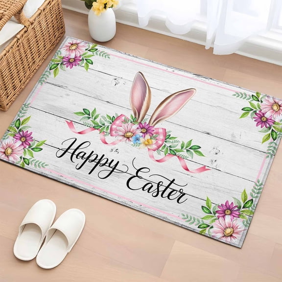 Entryway Rug 2'x3', Easter Small Rug for Kitchen Bathroom Door Mat Indoor Entrance, Spring Farmhouse Watercolor Bunny Flower Wood Grain Non-Slip Area Rugs Floor Mats Carpet Front Door Rugs