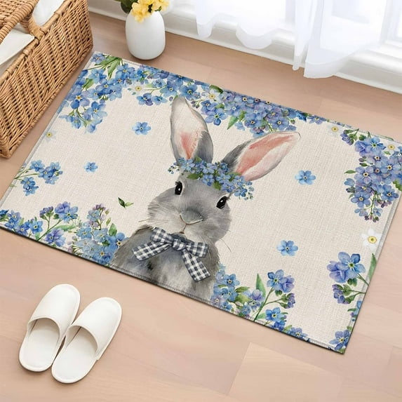 Entryway Rug 2'x3', Easter Small Rug for Kitchen Bathroom Door Mat Indoor Entrance, Spring Rabbit Blue Botanical Flowers Farmhouse Non-Slip Area Rugs Floor Mats Carpet Front Door Rugs