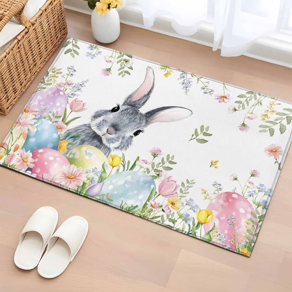 Entryway Rug 2'x3', Easter Small Rug for Kitchen Bathroom Door Mat Indoor Entrance, Spring Rustic Botanical Floral Rabbit Eggs Leaves Non-Slip Area Rugs Floor Mats Carpet Front Door Rugs