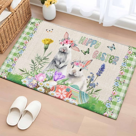 Entryway Rug 2'x3', Easter Small Rug for Kitchen Bathroom Door Mat Indoor Entrance, Spring Rustic Rabbit Botanical Flowers Eggs Plaid Non-Slip Area Rugs Floor Mats Carpet Front Door Rugs