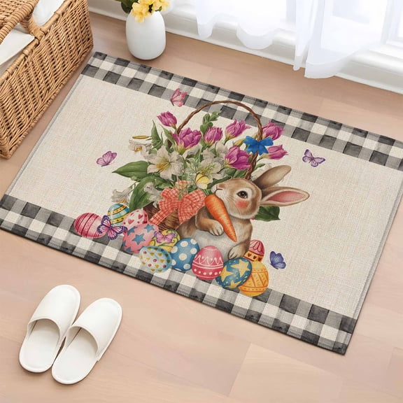 Entryway Rug 2'x3', Easter Small Rug for Kitchen Bathroom Door Mat Indoor Entrance, Vintage Spring Bunny Eggs Flowers Butterfly Plaid Non-Slip Area Rugs Floor Mats Carpet Front Door Rugs