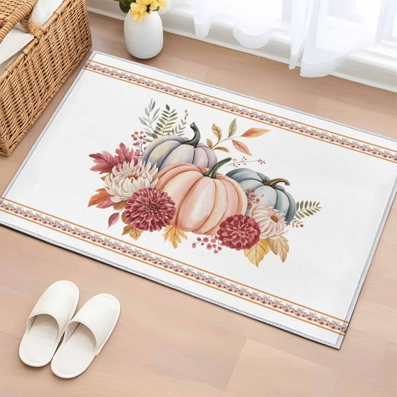 Entryway Rug 2'x3', Fall Pumpkins Small Rug for Kitchen Bathroom Door Mat Indoor Entrance, Thanksgiving Autumn Flower Leaf Plant Non-Slip Area Rugs Floor Mats Carpet Front Door Rugs