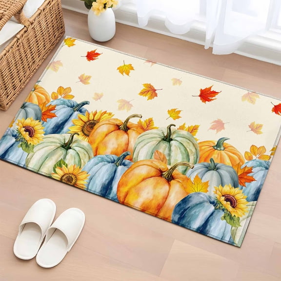Entryway Rug 2'x3', Fall Pumpkins Small Rug for Kitchen Bathroom Door Mat Indoor Entrance, Thanksgiving Autumn Maple Leaves Orange Non-Slip Area Rugs Floor Mats Carpet Front Door Rugs