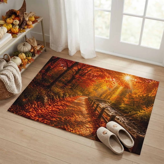 Entryway Rug 2'x3', Fall Small Rug for Kitchen Bathroom Door Mat Indoor Entrance, Maple Leaves Forest Path Orange Trees Non-Slip Area Rugs Floor Mats Carpet Front Door Rugs