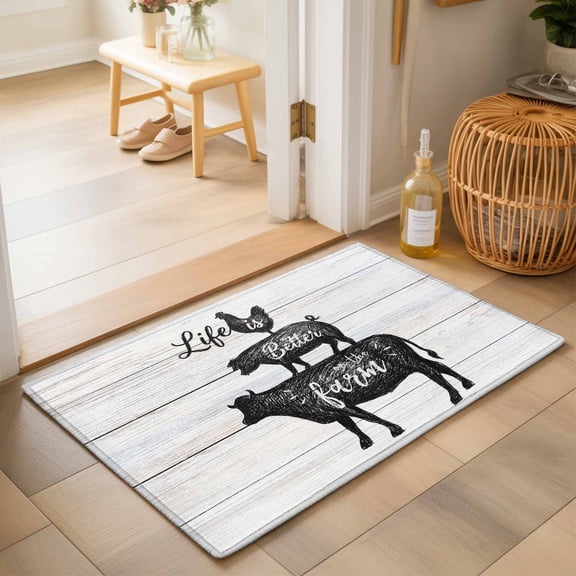 Entryway Rug 2'x3', Farm Animals Kitchen Runner Rugs Non-Slip Carpet Mats, Chicken Pig Cattle Rustic Retro Wooden Board Bedside Rugs Runners Washable Floor Carpet for Bathroom Laundry Room