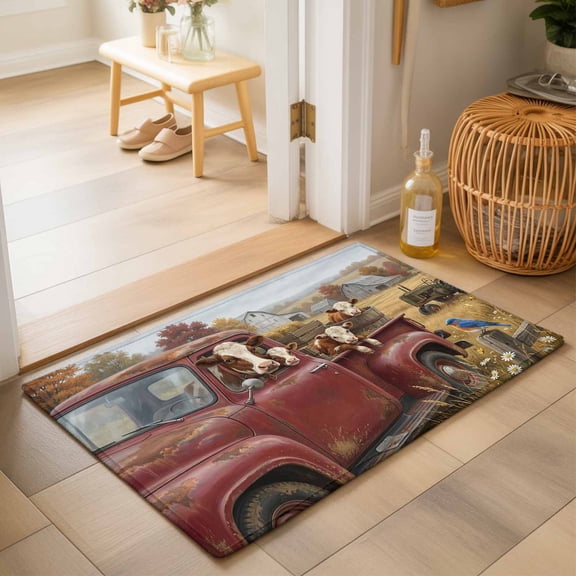 Entryway Rug 2'x3', Farm Cow Kitchen Runner Rugs Non-Slip Carpet Mats, Country Vintage Red Truck Animals Barn Trees Bedside Rugs Runners Washable Floor Carpet for Bathroom Laundry Room
