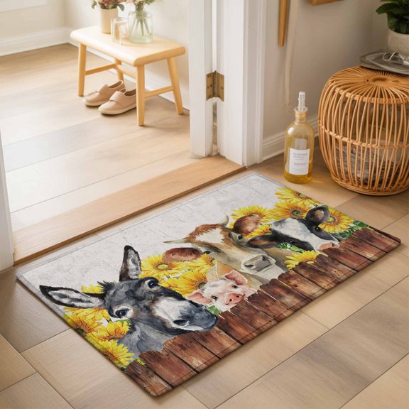 Entryway Rug 2'x3', Farm Pig Cow Vintage Kitchen Runner Rugs Non-Slip Carpet Mats, Farmhouse Retro Sunflower Grey Bedside Rugs Runners Washable Floor Carpet for Bathroom Laundry Room