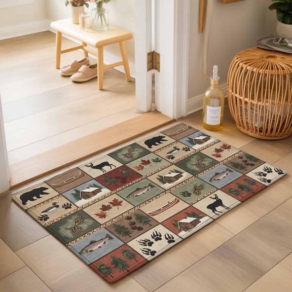 Entryway Rug 2'x3', Farmhouse Buffalo Plaid Kitchen Runner Rugs Non-Slip Carpet Mats, Beige Cabin Elk Forest Bedside Rugs Runners Washable Floor Carpet for Bathroom Laundry Room