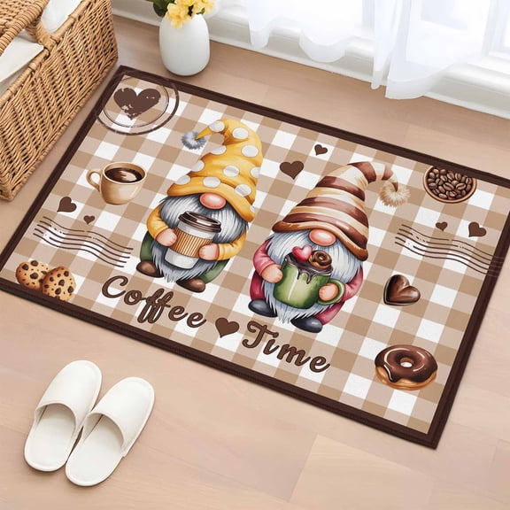 Entryway Rug 2'x3', Farmhouse Coffee Time Small Rug for Kitchen Bathroom Door Mat Indoor Entrance, Vintage Gnomes Desserts Khaki Plaid Non-Slip Area Rugs Floor Mats Carpet Front Door Rugs