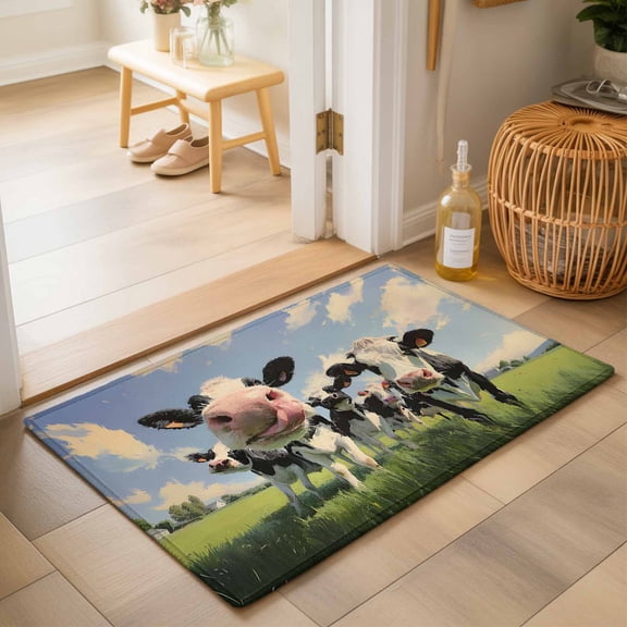 Entryway Rug 2'x3', Farmhouse Cow Kitchen Runner Rugs Non-Slip Carpet Mats, Blue Sky Grassland Country Rustic Animals Bedside Rugs Runners Washable Floor Carpet for Bathroom Laundry Room