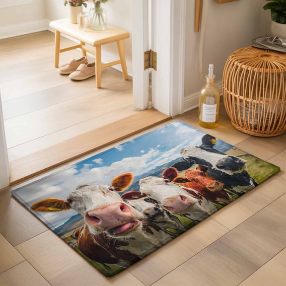 Entryway Rug 2'x3', Farmhouse Cow Kitchen Runner Rugs Non-Slip Carpet Mats, Blue Sky Green Grassland Hills Rustic Animals Bedside Rugs Runners Washable Floor Carpet for Bathroom Laundry Room