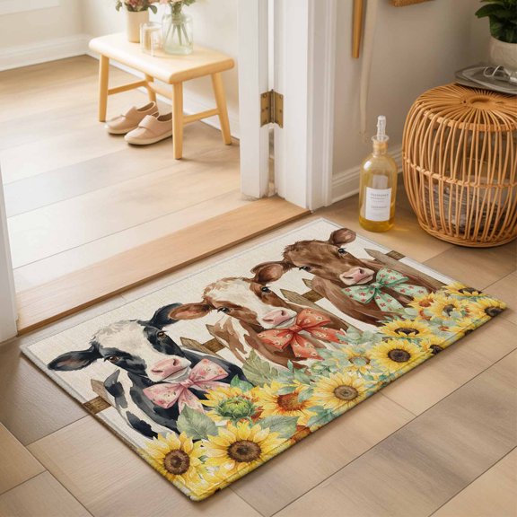 Entryway Rug 2'x3', Farmhouse Cow Kitchen Runner Rugs Non-Slip Carpet Mats, Sunflowers Animals Bow Country Fence Retro Bedside Rugs Runners Washable Floor Carpet for Bathroom Laundry Room