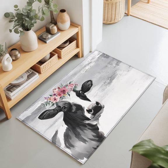 Entryway Rug 2'x3', Farmhouse Cow Kitchen Runner Rugs Non-Slip Carpet Mats, Watercolor Animal Botanical Flowers Bedside Rugs Runners Washable Floor Carpet for Bathroom Laundry Room
