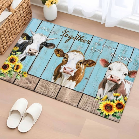 Entryway Rug 2'x3', Farmhouse Cow Small Rug for Kitchen Bathroom Door Mat Indoor Entrance, Cabin Sunflowers Animals Blue Wooden Grain Non-Slip Area Rugs Floor Mats Carpet Front Door Rugs