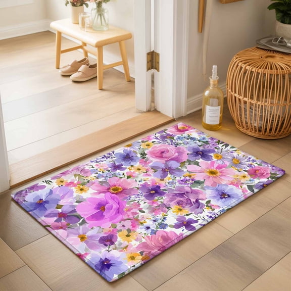 Entryway Rug 2'x3', Farmhouse Flowers Kitchen Runner Rugs Non-Slip Carpet Mats, Spring Watercolor Purple Pink Floral Bedside Rugs Runners Washable Floor Carpet for Bathroom Laundry Room