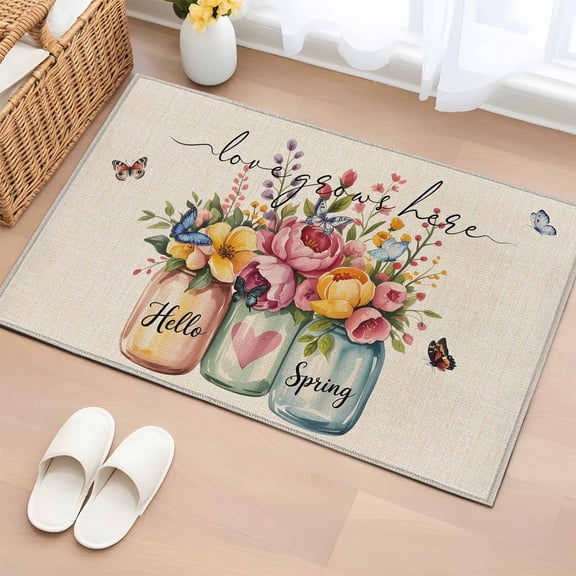 Entryway Rug 2'x3', Farmhouse Flowers Small Rug for Kitchen Bathroom Door Mat Indoor Entrance, Spring Watercolor Floral Leaf on Linen Non-Slip Area Rugs Floor Mats Carpet Front Door Rugs