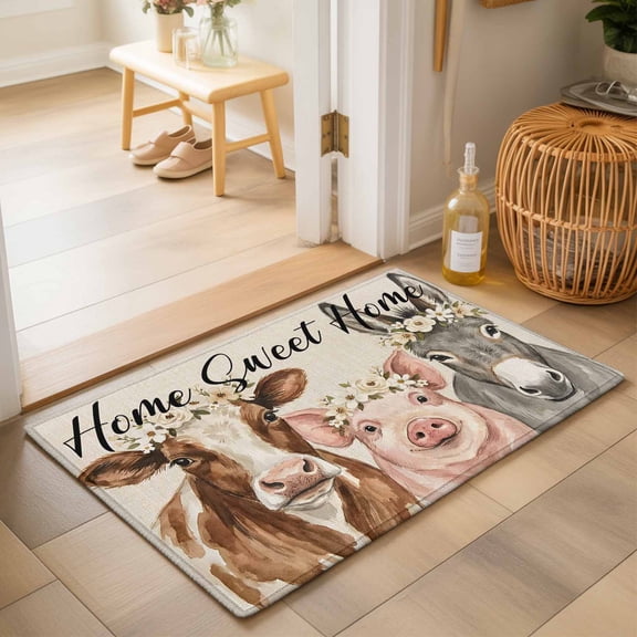 Entryway Rug 2'x3', Farmhouse Pig Cattle Donkey Kitchen Runner Rugs Non-Slip Carpet Mats, Spring Flowers Rustic Animals Bedside Rugs Runners Washable Floor Carpet for Bathroom Laundry Room