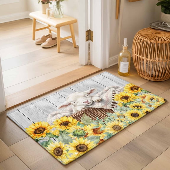 Entryway Rug 2'x3', Farmhouse Sheeps Kitchen Runner Rugs Non-Slip Carpet Mats, Country Cabins Sunflowers Wooden Grain Bedside Rugs Runners Washable Floor Carpet for Bathroom Laundry Room
