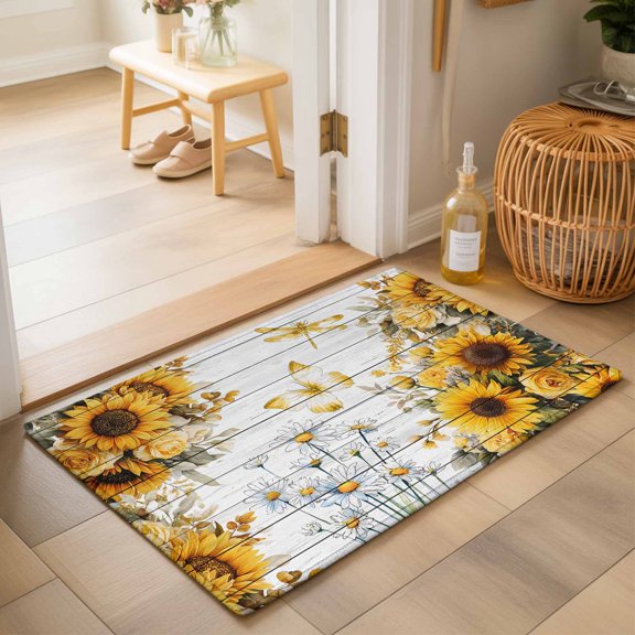 Entryway Rug 2'x3', Farmhouse Sunflower Kitchen Runner Rugs Non-Slip Carpet Mats, Vintage Daisy Butterflies Gray Wood Bedside Rugs Runners Washable Floor Carpet for Bathroom Laundry Room