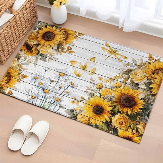 Entryway Rug 2'x3', Farmhouse Sunflower Small Rug for Kitchen Bathroom Door Mat Indoor Entrance, Vintage Daisy Butterflies Gray Wood Non-Slip Area Rugs Floor Mats Carpet Front Door Rugs
