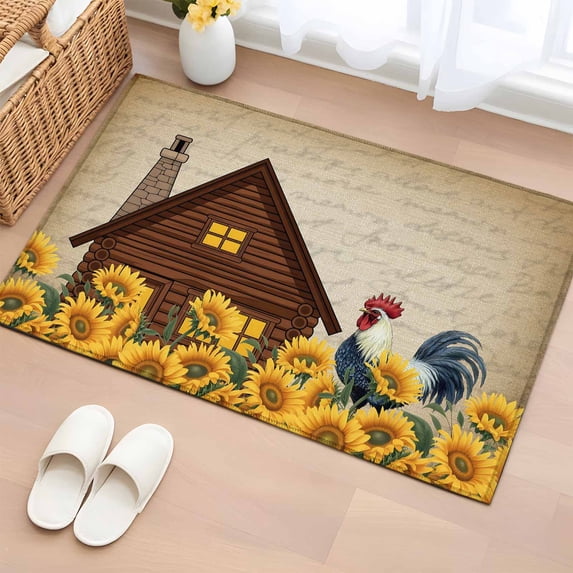Entryway Rug 2'x3', Farmhouse Sunflowers Small Rug for Kitchen Bathroom Door Mat Indoor Entrance, Vintage Roosters Farm Countryside Non-Slip Area Rugs Floor Mats Carpet Front Door Rugs
