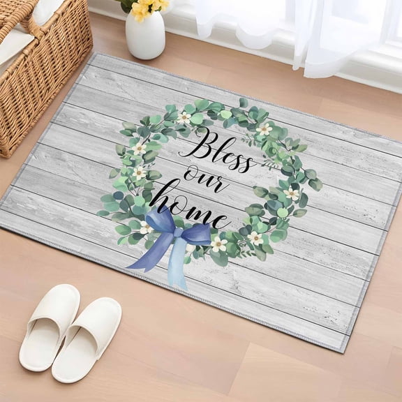 Entryway Rug 2'x3', Farmhouse Wooden Grain Small Rug for Kitchen Bathroom Door Mat Indoor Entrance, Eucalyptus Leaves Watercolor Bow Non-Slip Area Rugs Floor Mats Carpet Front Door Rugs