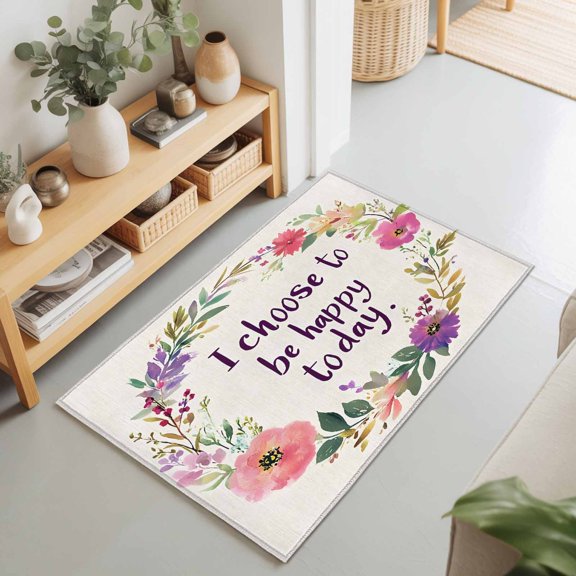 Entryway Rug 2'x3', Floral Leaves Wreath Kitchen Runner Rugs Non-Slip Carpet Mats, Summer Floral Bedside Rugs Runners Washable Floor Carpet for Bathroom Laundry Room