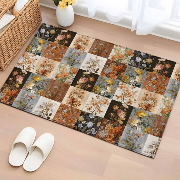 Entryway Rug 2'x3', Floral Patchwork Small Rug for Kitchen Bathroom Door Mat Indoor Entrance, Vintage Country Geometric Flower Non-Slip Area Rugs Floor Mats Carpet Front Door Rugs