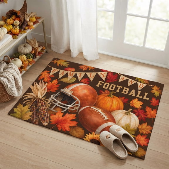 Entryway Rug 2'x3', Football Fall Small Rug for Kitchen Bathroom Door Mat Indoor Entrance, Thanksgiving Day Pumpkins Sunflowers Non-Slip Area Rugs Floor Mats Carpet Front Door Rugs