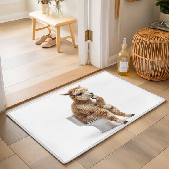Entryway Rug 2'x3', Funny Alpacas Kitchen Runner Rugs Non-Slip Carpet Mats, Cute Art Fun Lovely Animals on Toilets Bedside Rugs Runners Washable Floor Carpet for Bathroom Laundry Room