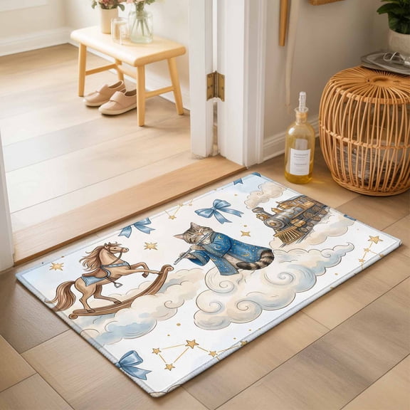 Entryway Rug 2'x3', Funny Cartoon Kitchen Runner Rugs Non-Slip Carpet Mats, Blue Cute Cat Train Cloud Star Bow Knot Bedside Rugs Runners Washable Floor Carpet for Bathroom Laundry Room