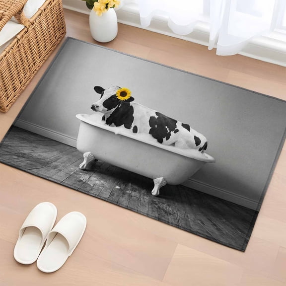 Entryway Rug 2'x3', Funny Cow Small Rug for Kitchen Bathroom Door Mat Indoor Entrance, Cute Art Vintage Lovely Animals on Bathtub Non-Slip Area Rugs Floor Mats Carpet Front Door Rugs