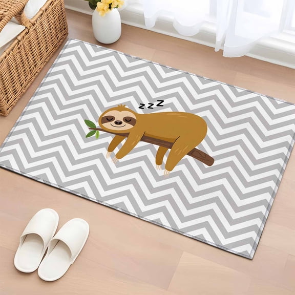 Entryway Rug 2'x3', Funny Sloth Small Rug for Kitchen Bathroom Door Mat Indoor Entrance, Cute Watercolor Animals on Branch Grey Stripe Non-Slip Area Rugs Floor Mats Carpet Front Door Rugs