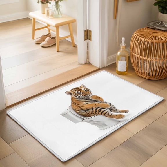 Entryway Rug 2'x3', Funny Tigers Kitchen Runner Rugs Non-Slip Carpet Mats, Cute Art Fun Lovely Animals on Toilets Bedside Rugs Runners Washable Floor Carpet for Bathroom Laundry Room