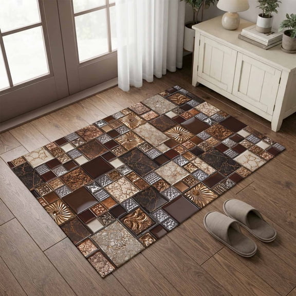 Entryway Rug 2'x3', Geometric Grid Kitchen Runner Rugs Non-Slip Carpet Mats, Brown Checkered Abstract Plaid Modern Art Bedside Rugs Runners Washable Floor Carpet for Bathroom Laundry Room