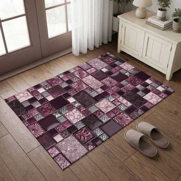 Entryway Rug 2'x3', Geometric Grid Small Rug for Kitchen Bathroom Door Mat Indoor Entrance, Purple Checkerd Abstract Plaid Modern Art Non-Slip Area Rugs Floor Mats Carpet Front Door Rugs