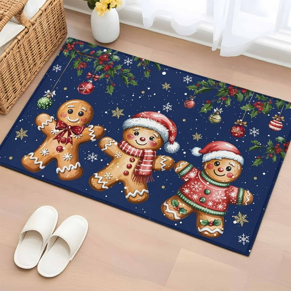Entryway Rug 2'x3', Gingerbread Christmas Small Rug for Kitchen Bathroom Door Mat Indoor Entrance, Xmas Balls Branches Navy Blue Non-Slip Area Rugs Floor Mats Carpet Front Door Rugs