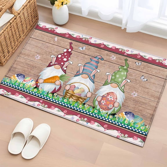 Entryway Rug 2'x3', Gnomes Easter Small Rug for Kitchen Bathroom Door Mat Indoor Entrance, Eggs Tulips Spring Floral Retro Art Wooden Non-Slip Area Rugs Floor Mats Carpet Front Door Rugs
