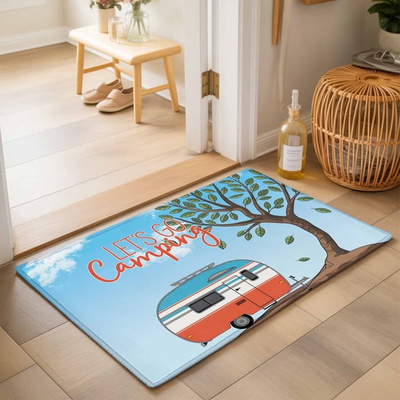 Entryway Rug 2'x3', Let's Go Camping Kitchen Runner Rugs Non-Slip Carpet Mats, Modern Camper Van Trees Blue Sky Bedside Rugs Runners Washable Floor Carpet for Bathroom Laundry Room