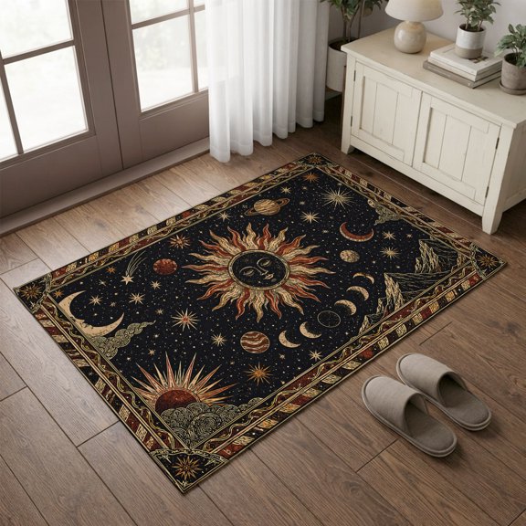 Entryway Rug 2'x3', Golden Black Kitchen Runner Rugs Non-Slip Carpet Mats, Sun Middle Century Abstract Luxury Bedside Rugs Runners Washable Floor Carpet for Bathroom Laundry Room