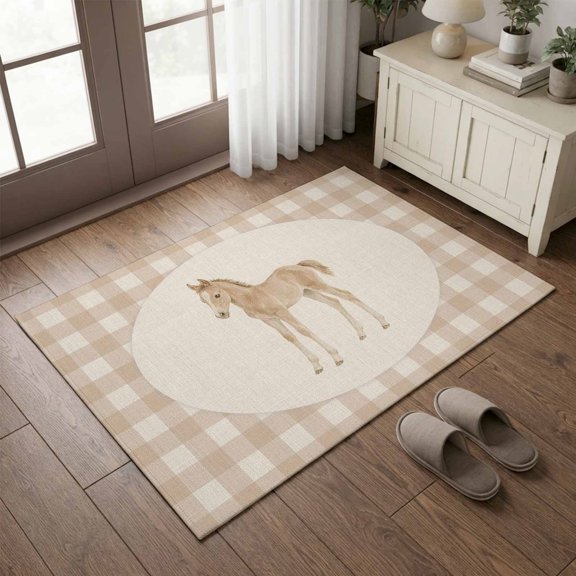 Entryway Rug 2'x3', Graceful Pony Kitchen Runner Rugs Non-Slip Carpet Mats, Retro Natural Horse Farmhouse Plaid Rustic Bedside Rugs Runners Washable Floor Carpet for Bathroom Laundry Room