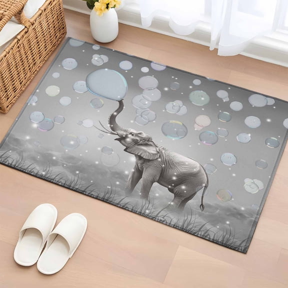Entryway Rug 2'x3', Gray Elephants Small Rug for Kitchen Bathroom Door Mat Indoor Entrance, Modern Vintage Elephants Blowing Bubbles Non-Slip Area Rugs Floor Mats Carpet Front Door Rugs