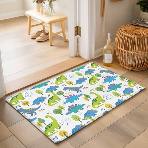 Entryway Rug 2'x3', Green Blue Dinosaur Kitchen Runner Rugs Non-Slip Carpet Mats, Trees Animals Modern Art Graffiti Bedside Rugs Runners Washable Floor Carpet for Bathroom Laundry Room