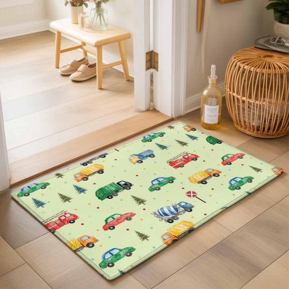 Entryway Rug 2'x3', Green Cartoon Truck Kitchen Runner Rugs Non-Slip Carpet Mats, Funny Cute Colorful Car Tree Polka Dot Bedside Rugs Runners Washable Floor Carpet for Bathroom Laundry Room